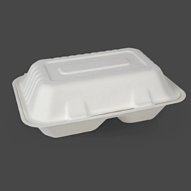 250 x 2 Compartment Bagasse Hinged Lunch Boxes 9x6" 